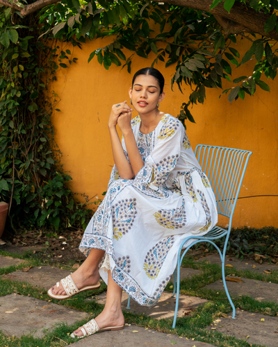 Blue and Ivory Hand Block Printed Bhopali Kurta Set