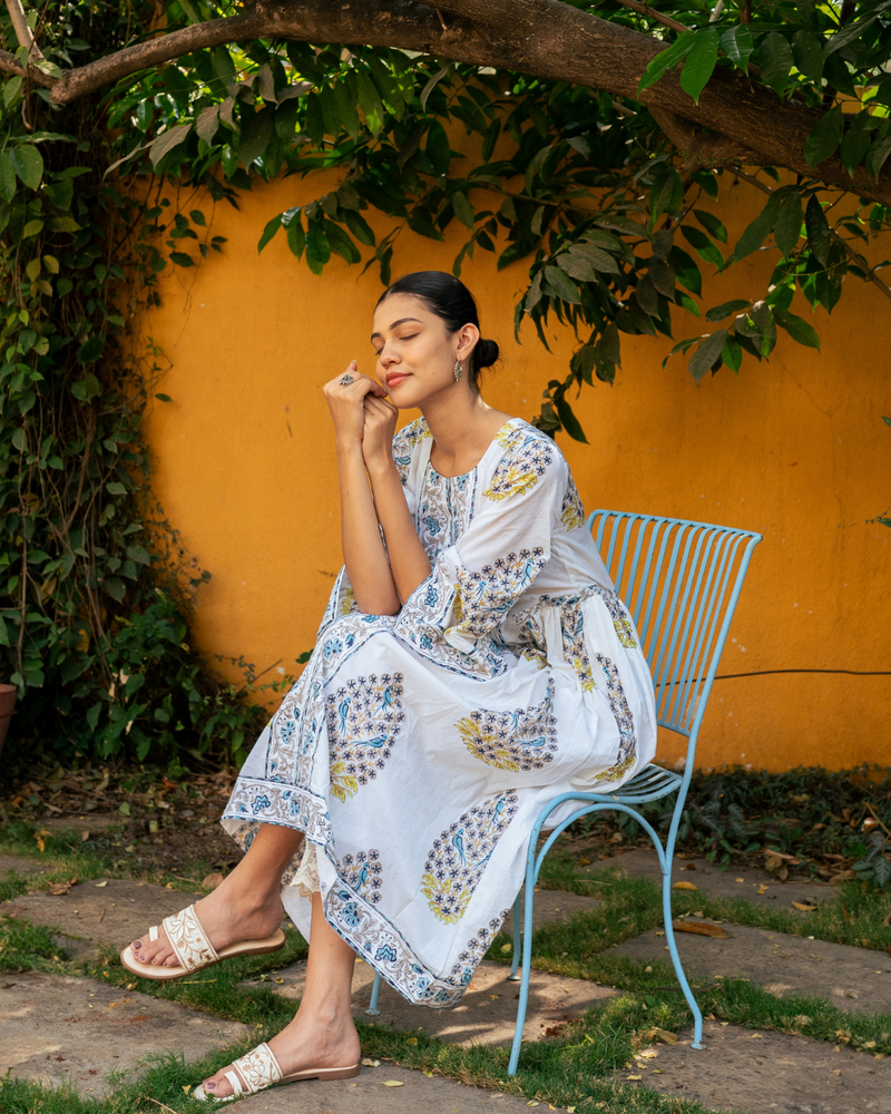 Blue and Ivory Hand Block Printed Bhopali Kurta Set mul by Maison Shefali in multi color for women Worldwide