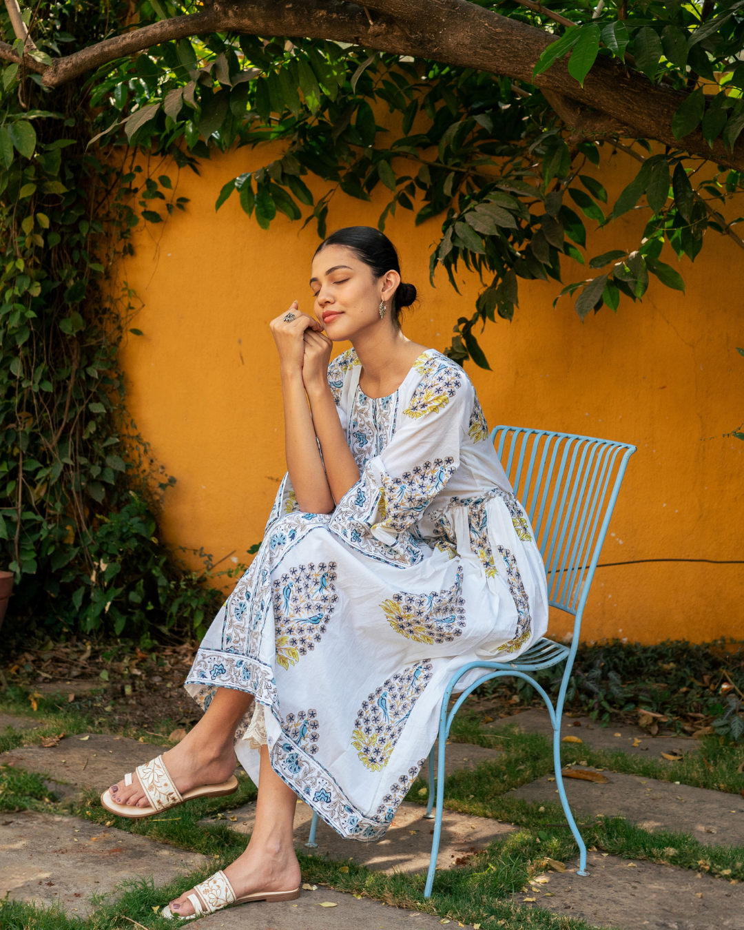 Blue and Ivory Hand Block Printed Bhopali Kurta Set