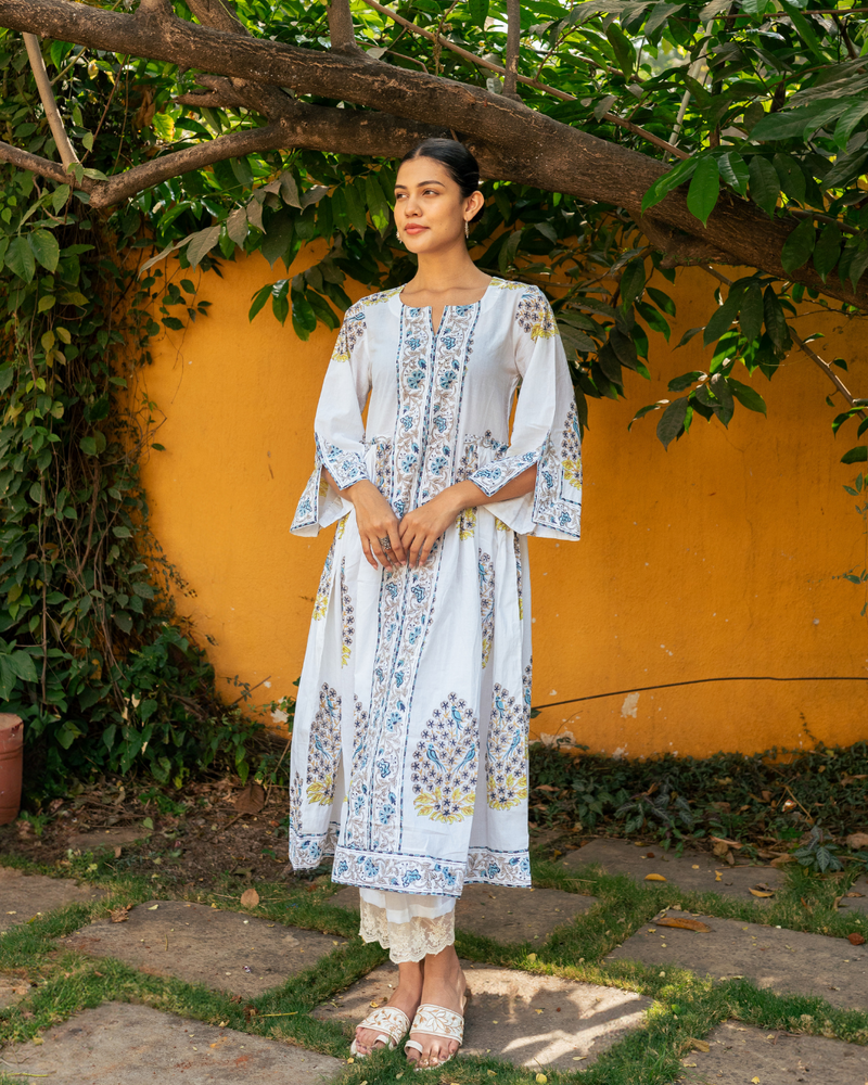 Blue and Ivory Hand Block Printed Bhopali Kurta Set mul by Maison Shefali in multi color for women Worldwide