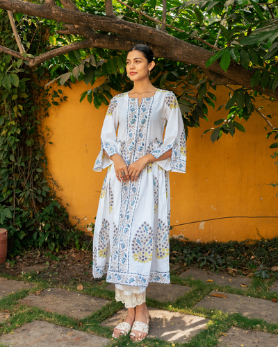 Blue and Ivory Hand Block Printed Bhopali Kurta Set