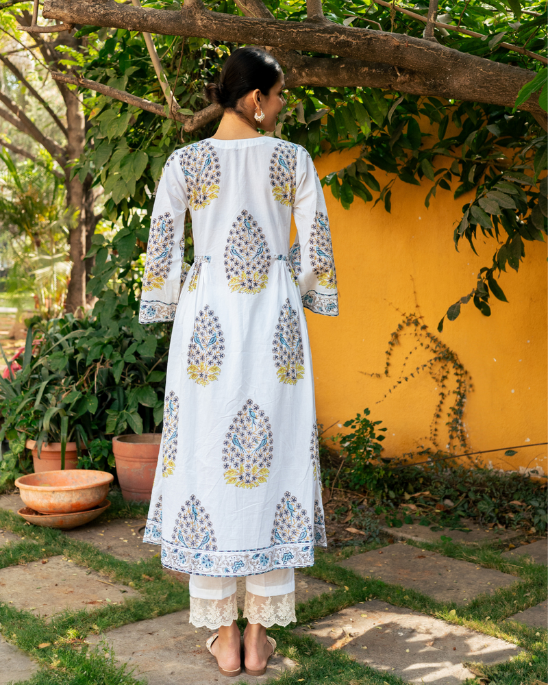 Blue and Ivory Hand Block Printed Bhopali Kurta Set mul by Maison Shefali in multi color for women Worldwide