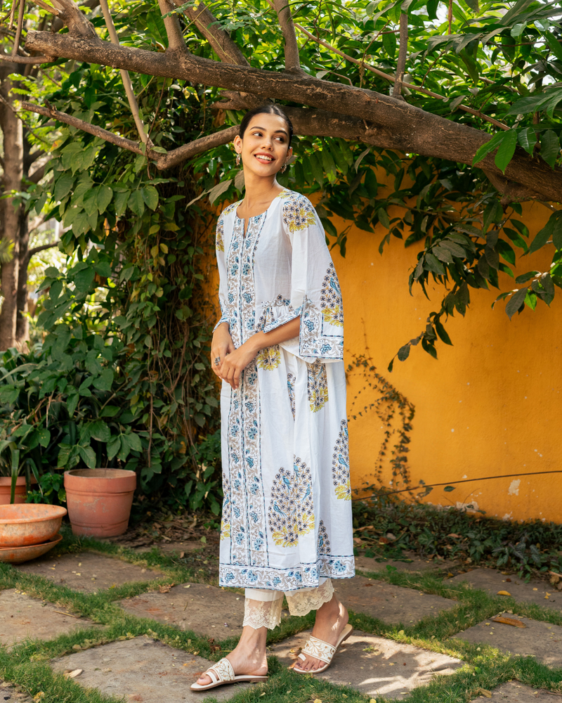 Blue and Ivory Hand Block Printed Bhopali Kurta Set mul by Maison Shefali in multi color for women Worldwide
