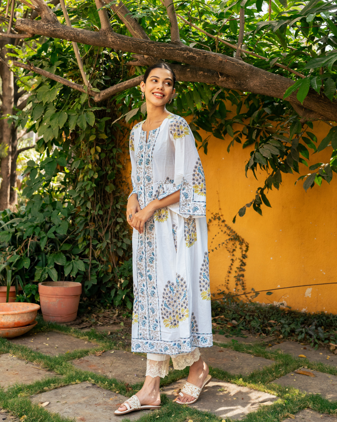 Blue and Ivory Hand Block Printed Bhopali Kurta Set