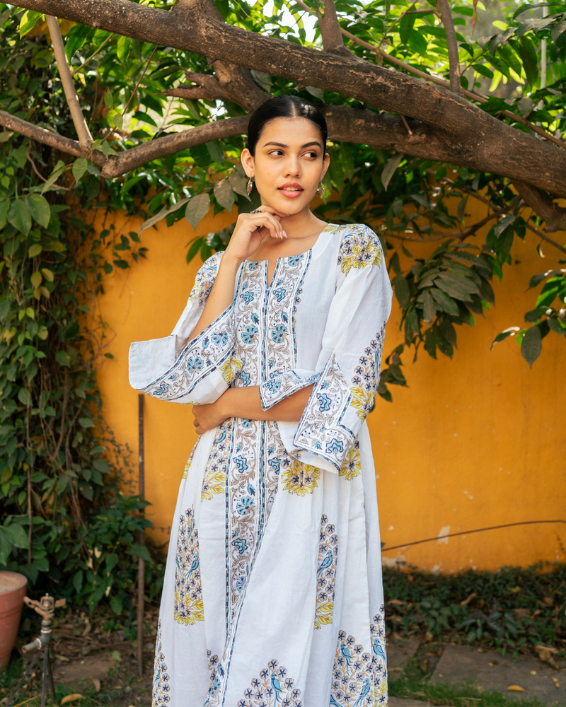 Blue and Ivory Hand Block Printed Bhopali Kurta Set mul by Maison Shefali in multi color for women Worldwide