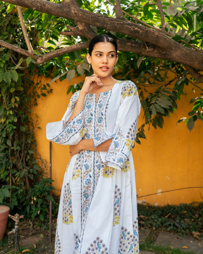 Blue and Ivory Hand Block Printed Bhopali Kurta Set