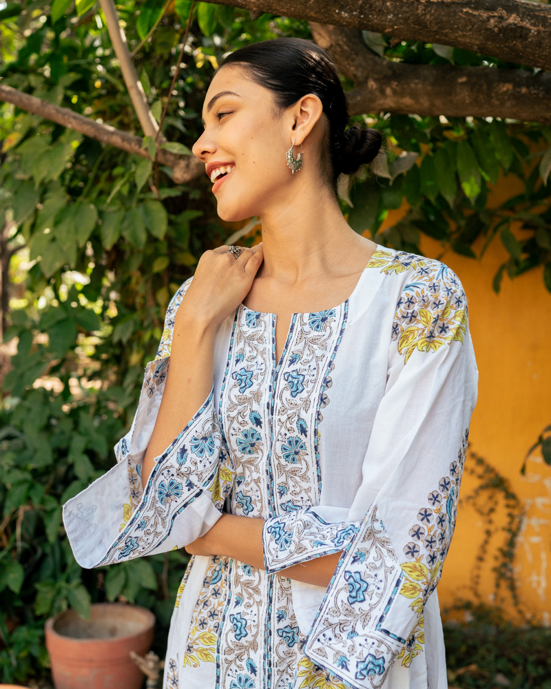 Blue and Ivory Hand Block Printed Bhopali Kurta Set mul by Maison Shefali in multi color for women Worldwide