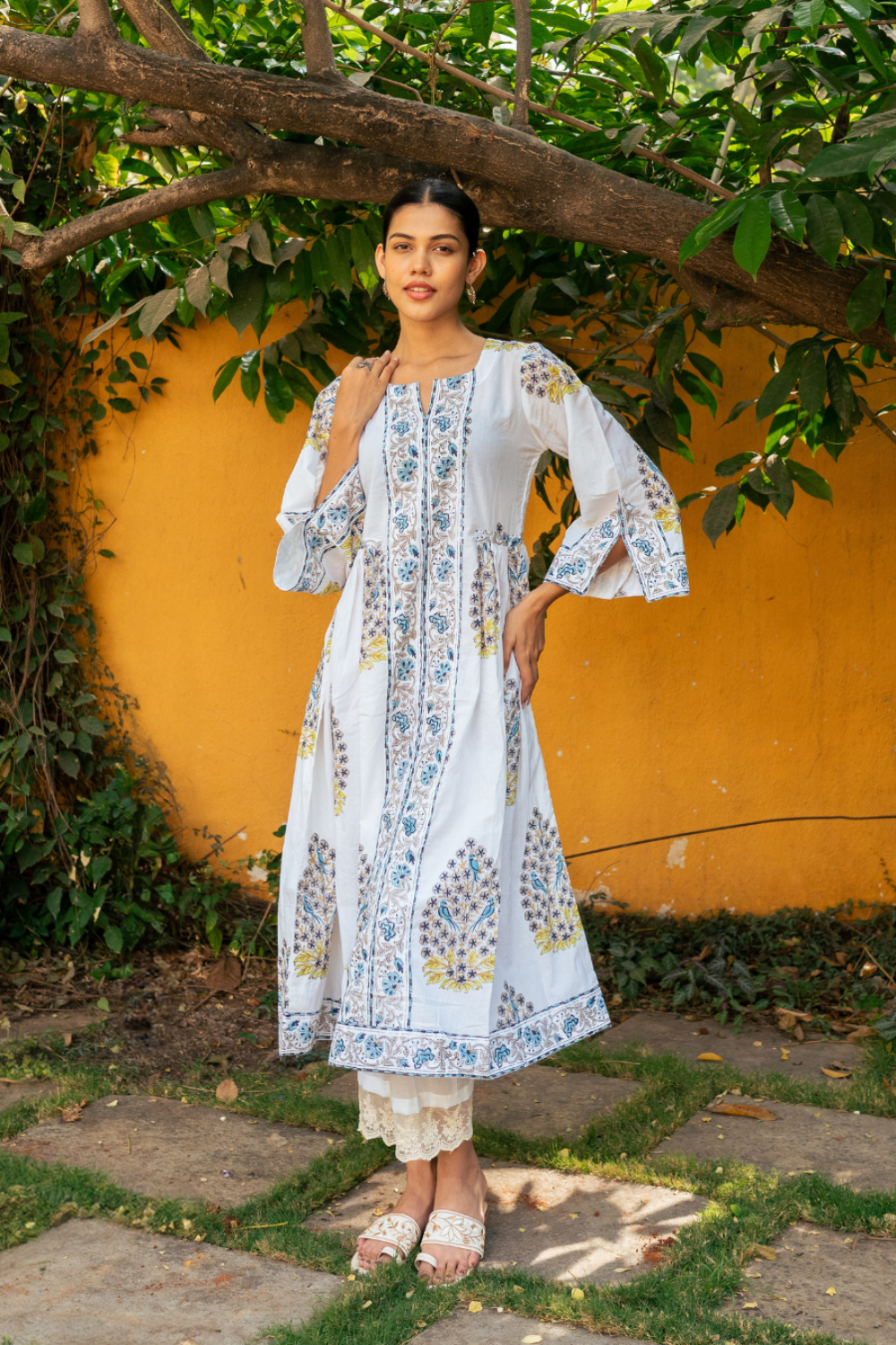 Blue and Ivory Hand Block Printed Bhopali Kurta Set