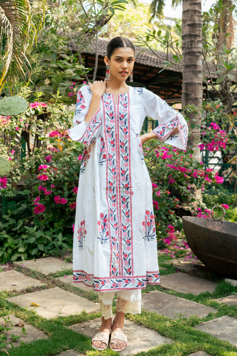 Pink and Ivory Hand Block Printed Bhopali Kurta Set mul by Maison Shefali in multi color for women Worldwide