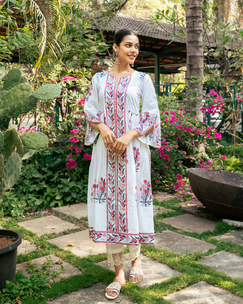 Pink and Ivory Hand Block Printed Bhopali Kurta Set mul by Maison Shefali in multi color for women Worldwide