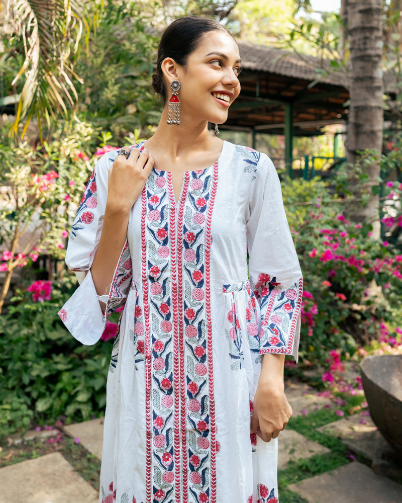 Pink and Ivory Hand Block Printed Bhopali Kurta Set mul by Maison Shefali in multi color for women Worldwide