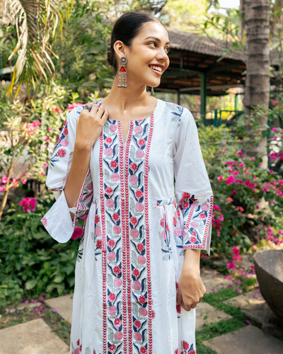 Pink and Ivory Hand Block Printed Bhopali Kurta Set