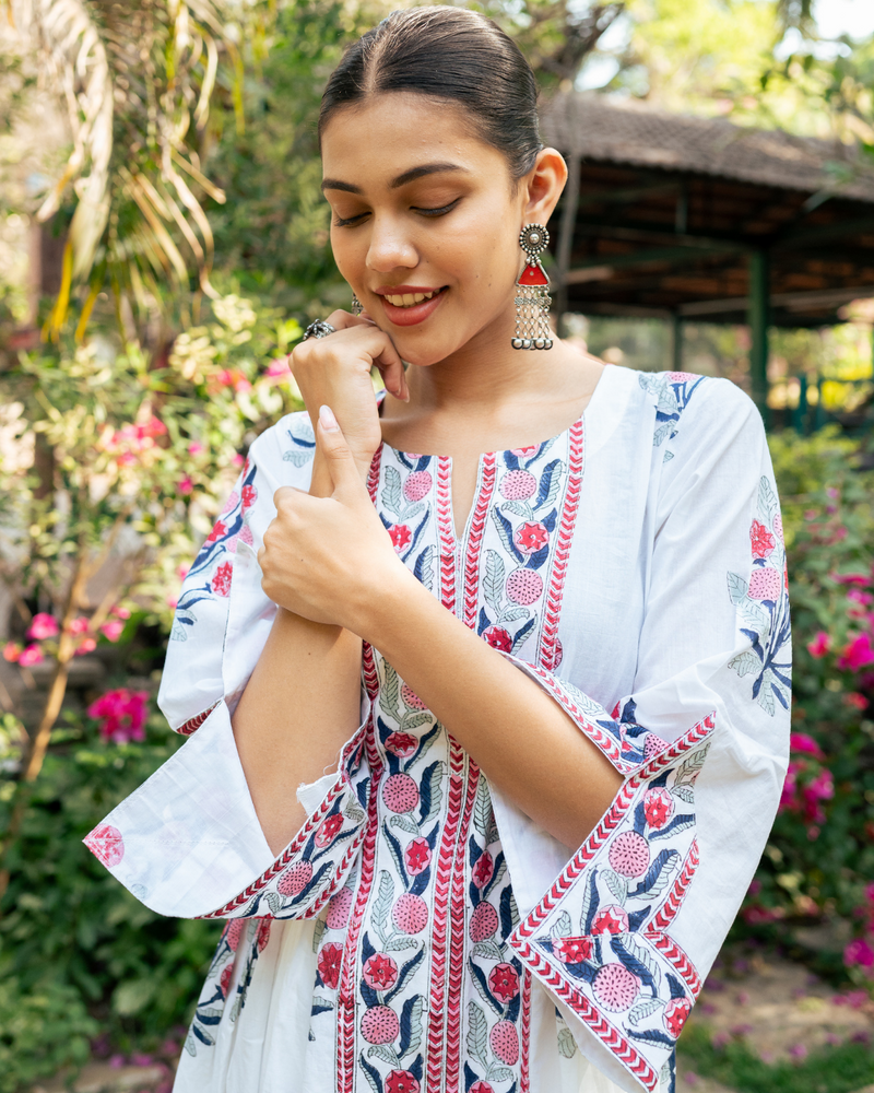 Pink and Ivory Hand Block Printed Bhopali Kurta Set mul by Maison Shefali in multi color for women Worldwide