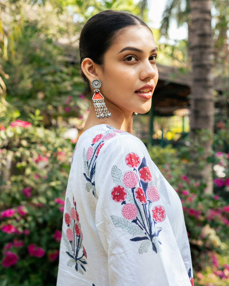 Pink and Ivory Hand Block Printed Bhopali Kurta Set mul by Maison Shefali in multi color for women Worldwide