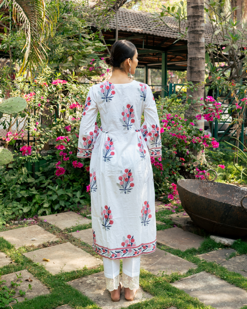 Pink and Ivory Hand Block Printed Bhopali Kurta Set mul by Maison Shefali in multi color for women Worldwide