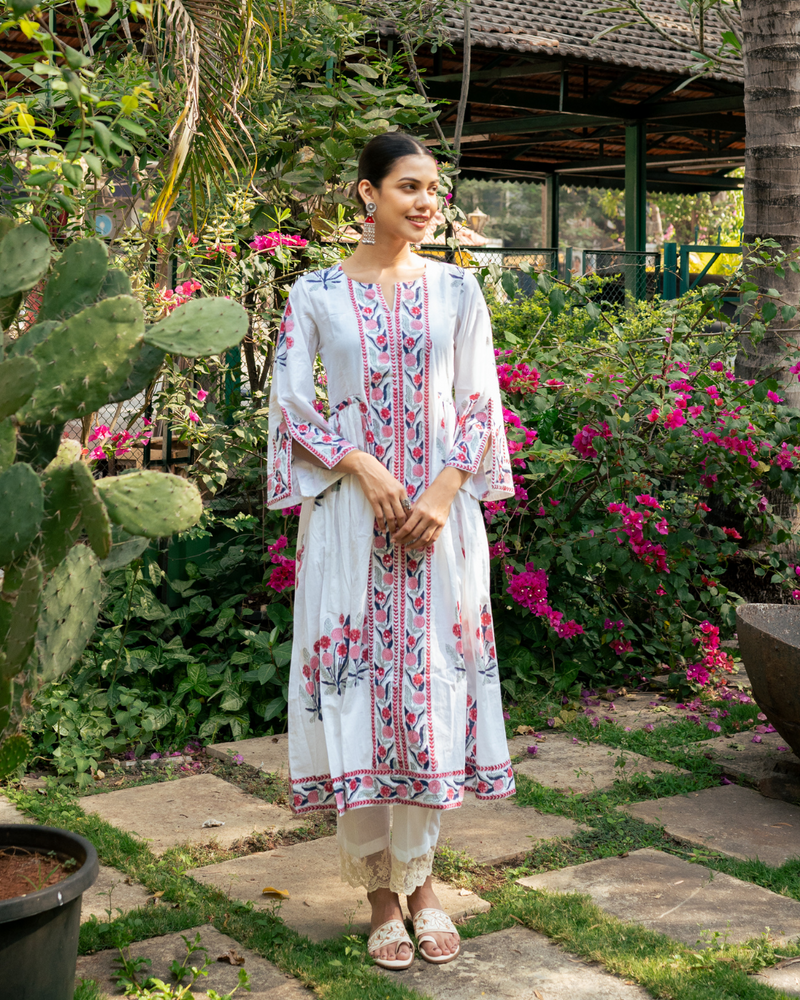 Pink and Ivory Hand Block Printed Bhopali Kurta Set mul by Maison Shefali in multi color for women Worldwide
