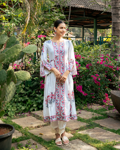 Pink and Ivory Hand Block Printed Bhopali Kurta Set