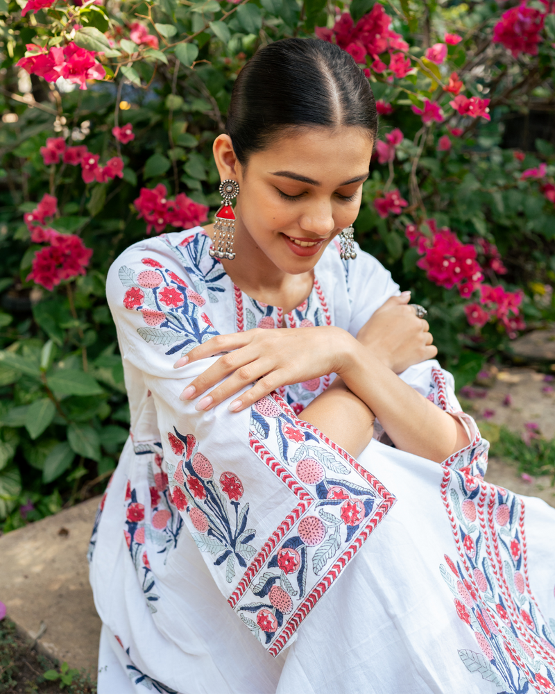 Pink and Ivory Hand Block Printed Bhopali Kurta Set mul by Maison Shefali in multi color for women Worldwide