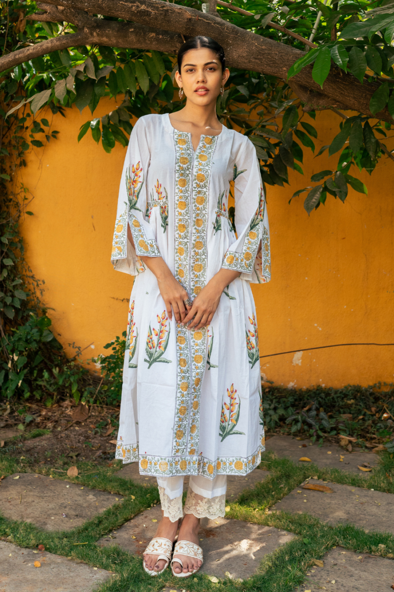 Yellow and Ivory Hand Block Printed Bhopali Kurta Set mul by Maison Shefali in multi color for women Worldwide