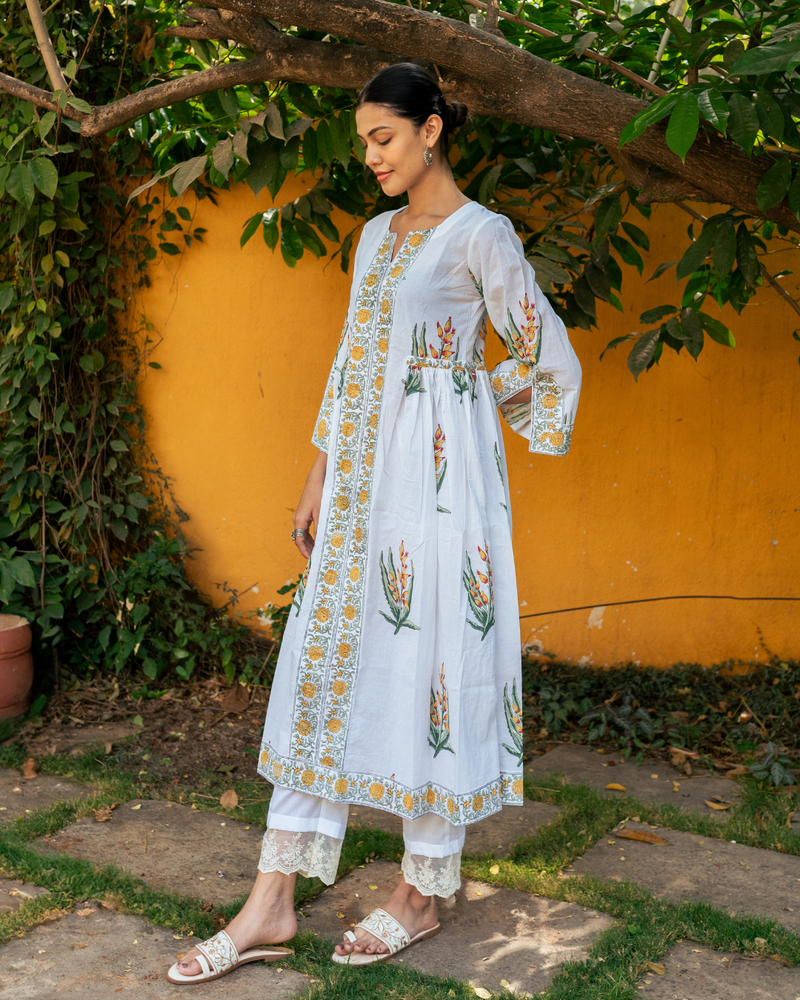 Yellow and Ivory Hand Block Printed Bhopali Kurta Set mul by Maison Shefali in multi color for women Worldwide