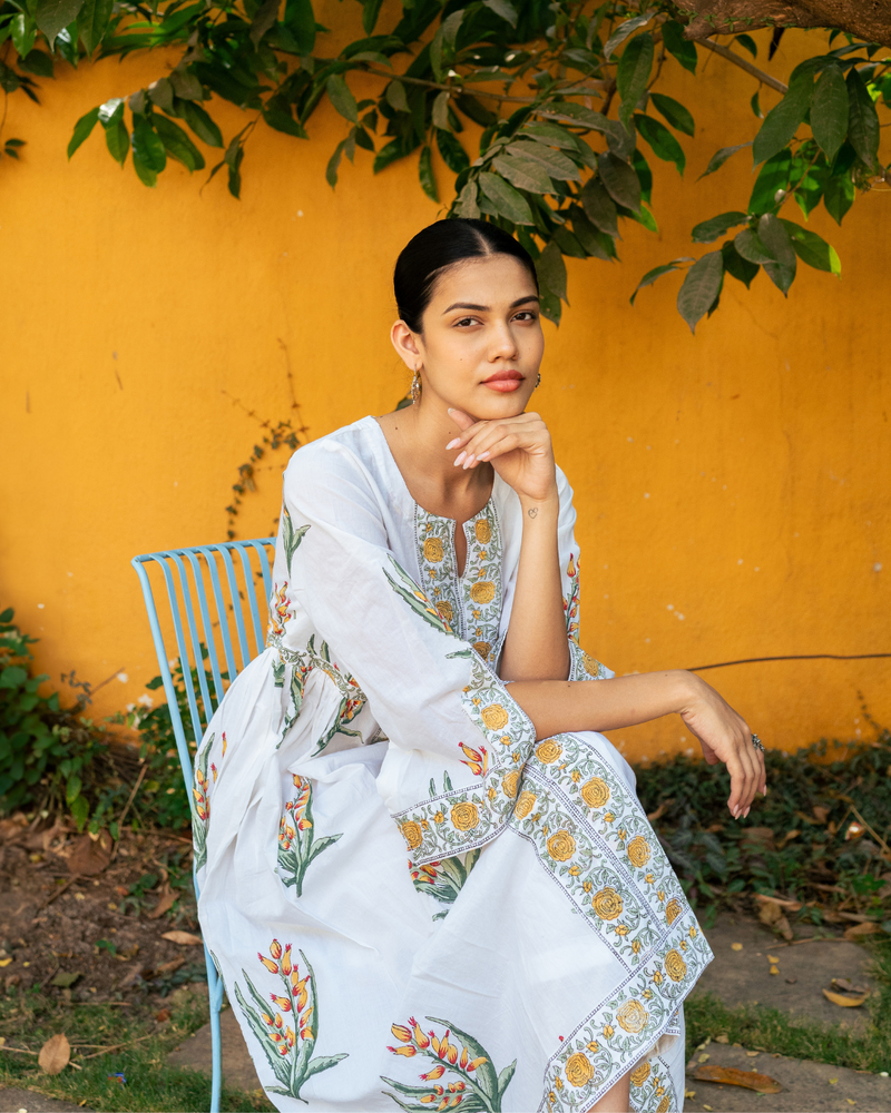 Yellow and Ivory Hand Block Printed Bhopali Kurta Set mul by Maison Shefali in multi color for women Worldwide