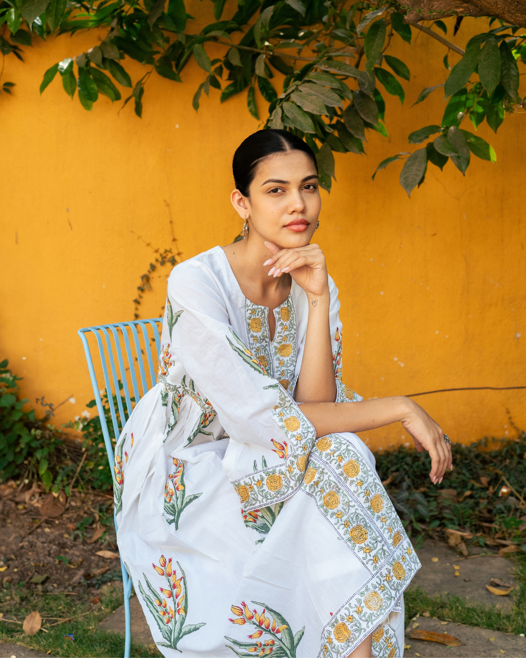 Yellow and Ivory Hand Block Printed Bhopali Kurta Set