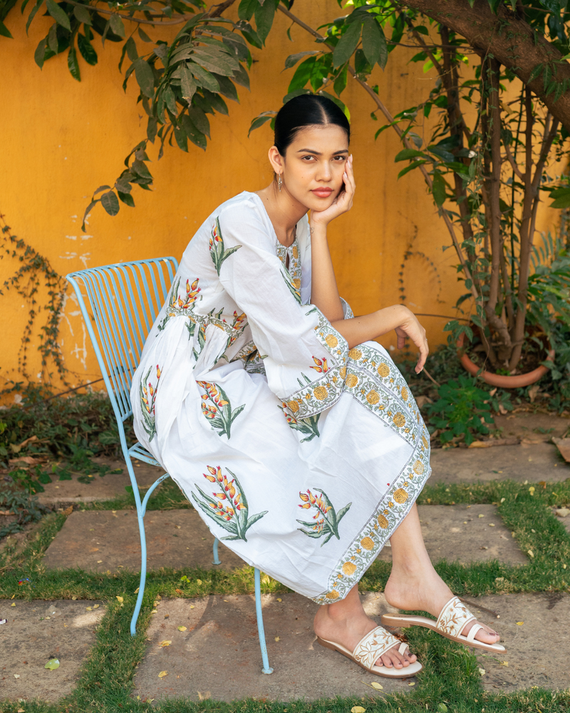 Yellow and Ivory Hand Block Printed Bhopali Kurta Set mul by Maison Shefali in multi color for women Worldwide