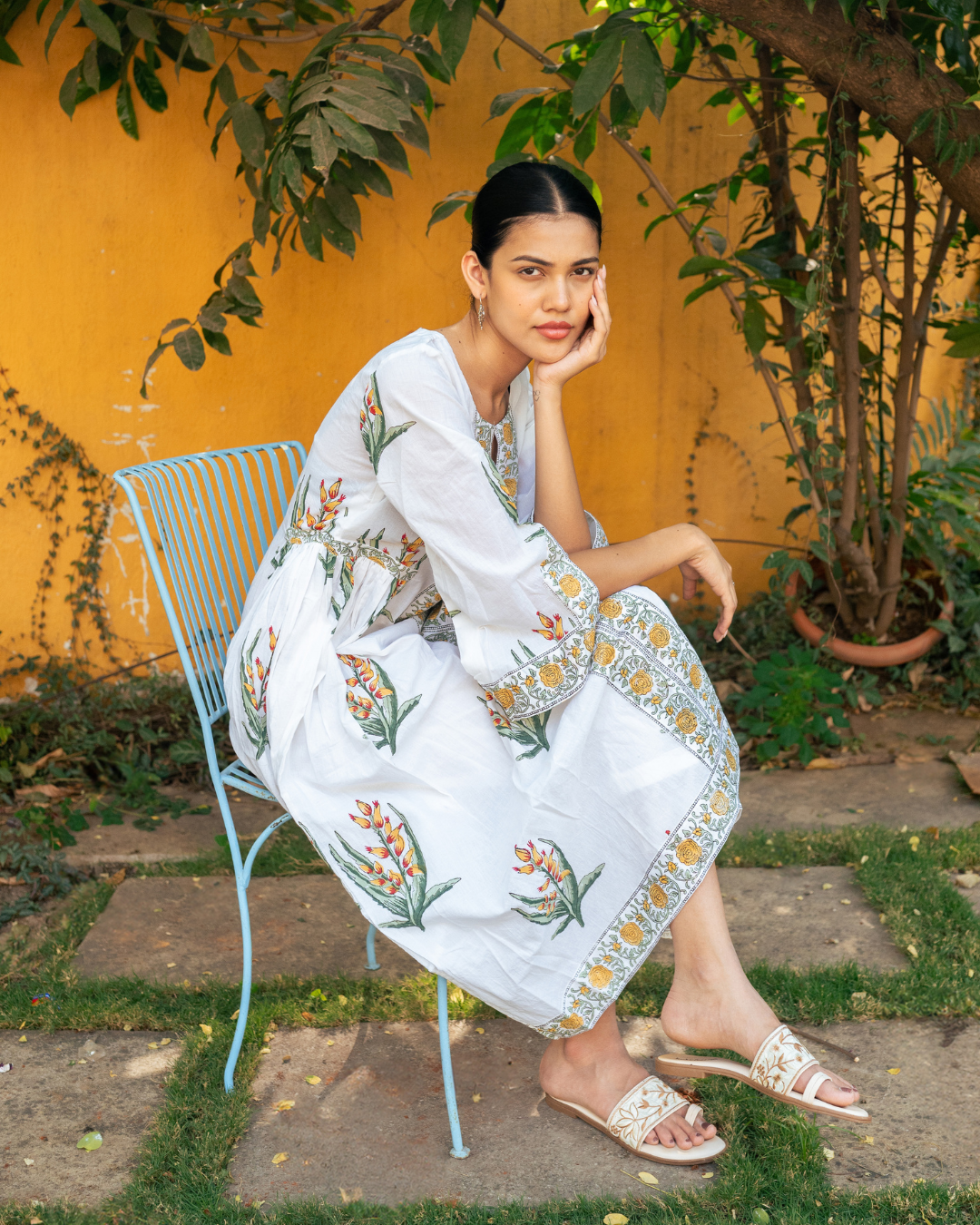 Yellow and Ivory Hand Block Printed Bhopali Kurta Set