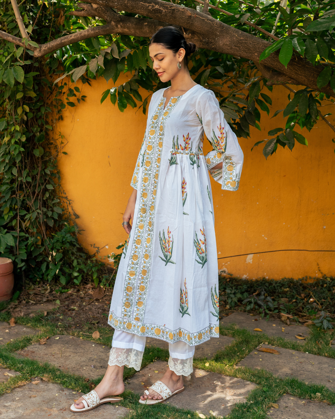 Yellow and Ivory Hand Block Printed Bhopali Kurta Set