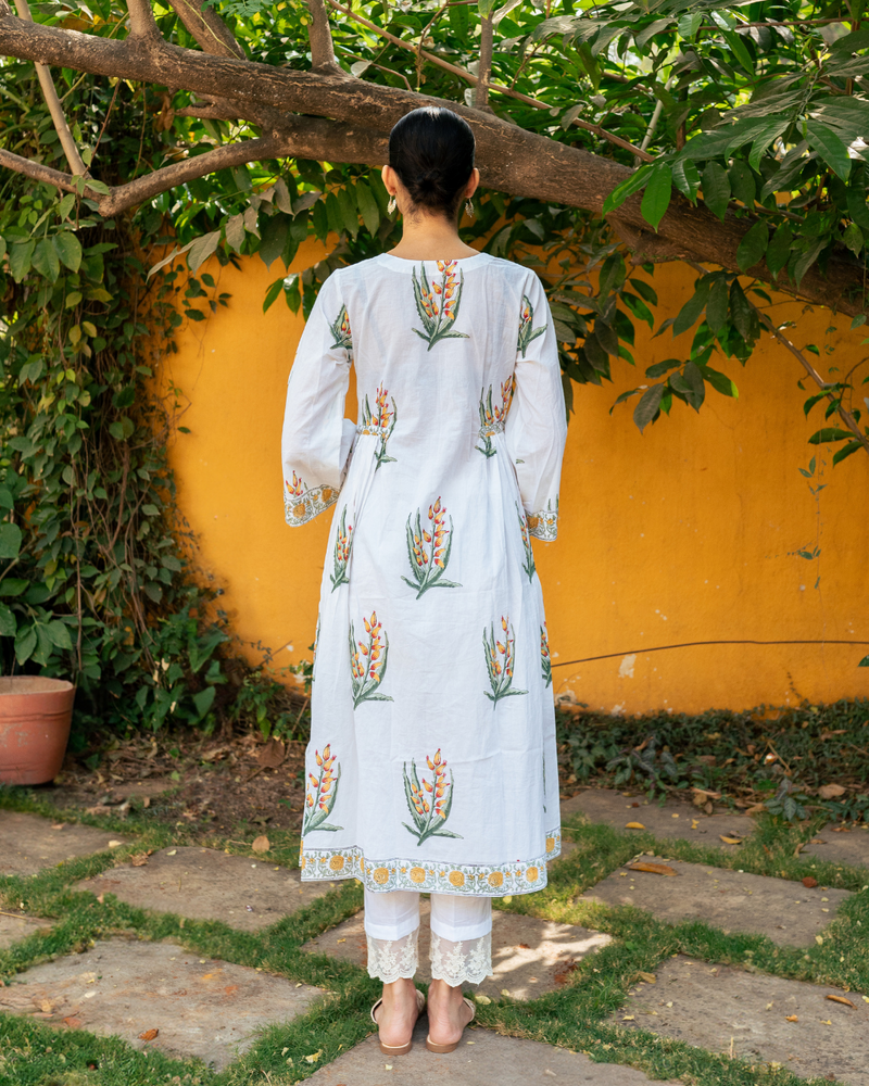 Yellow and Ivory Hand Block Printed Bhopali Kurta Set mul by Maison Shefali in multi color for women Worldwide