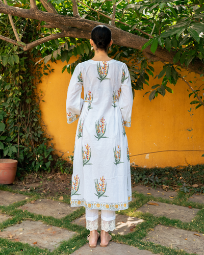 Yellow and Ivory Hand Block Printed Bhopali Kurta Set