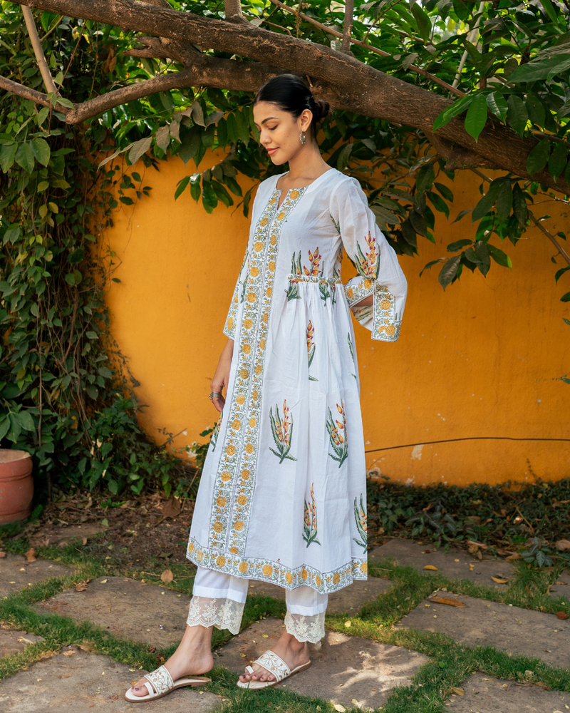 Yellow and Ivory Hand Block Printed Bhopali Kurta Set mul by Maison Shefali in multi color for women Worldwide