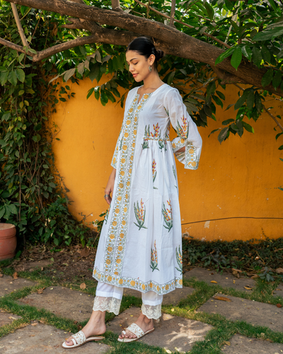 Yellow and Ivory Hand Block Printed Bhopali Kurta Set