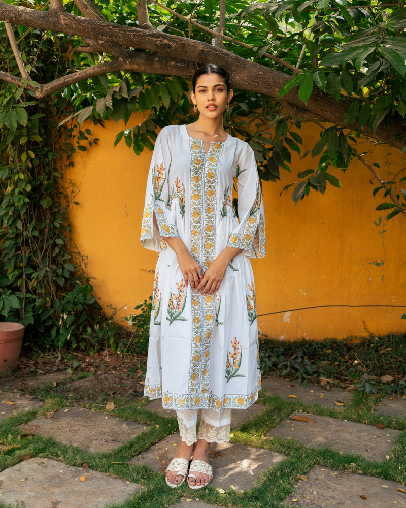 Yellow and Ivory Hand Block Printed Bhopali Kurta Set mul by Maison Shefali in multi color for women Worldwide