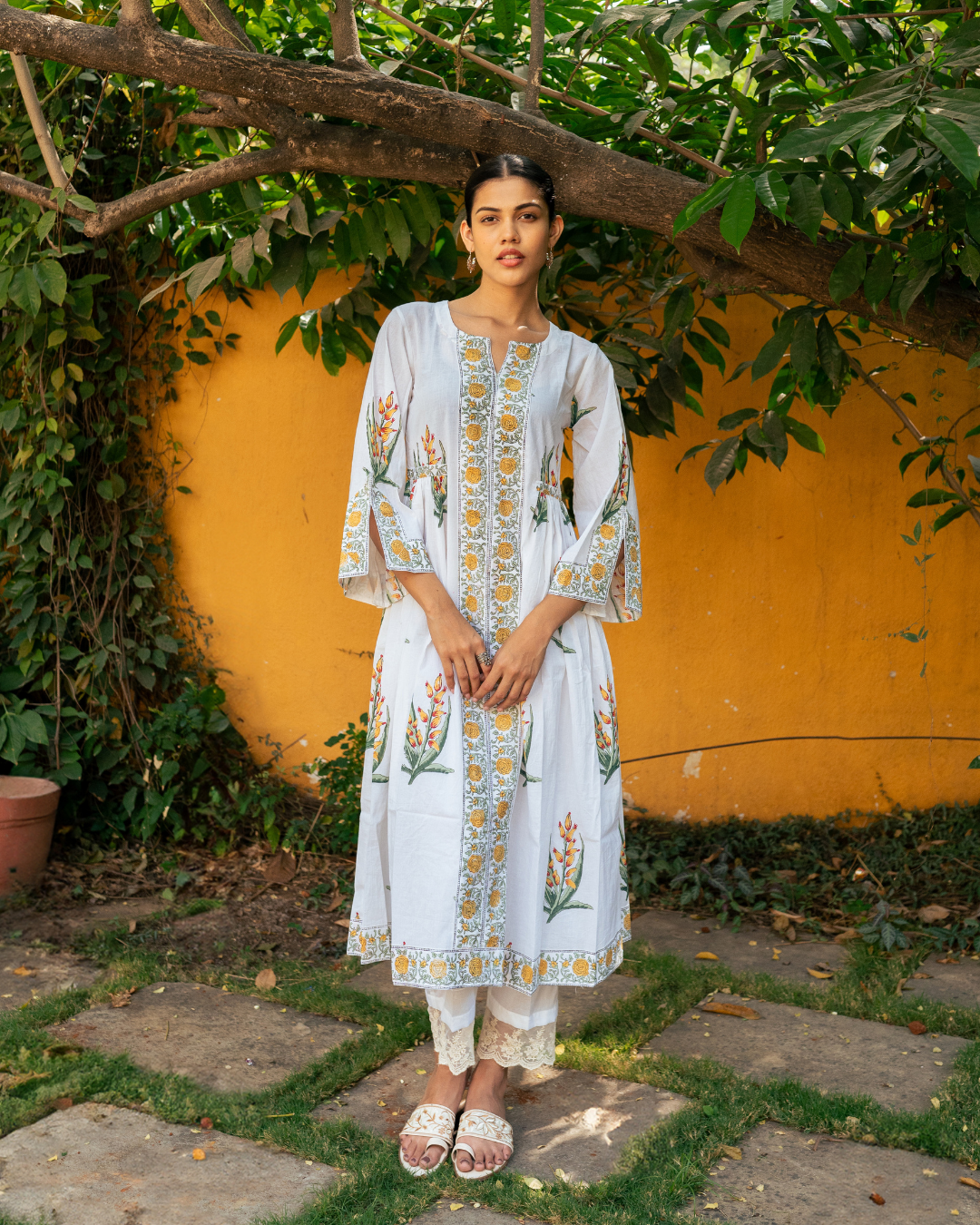 Yellow and Ivory Hand Block Printed Bhopali Kurta Set