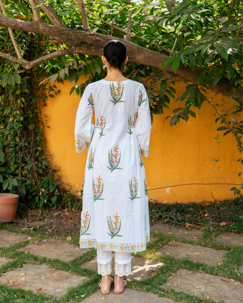 Yellow and Ivory Hand Block Printed Bhopali Kurta Set mul by Maison Shefali in multi color for women Worldwide