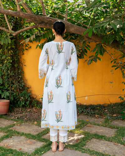 Yellow and Ivory Hand Block Printed Bhopali Kurta Set