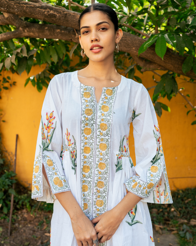 Yellow and Ivory Hand Block Printed Bhopali Kurta Set mul by Maison Shefali in multi color for women Worldwide