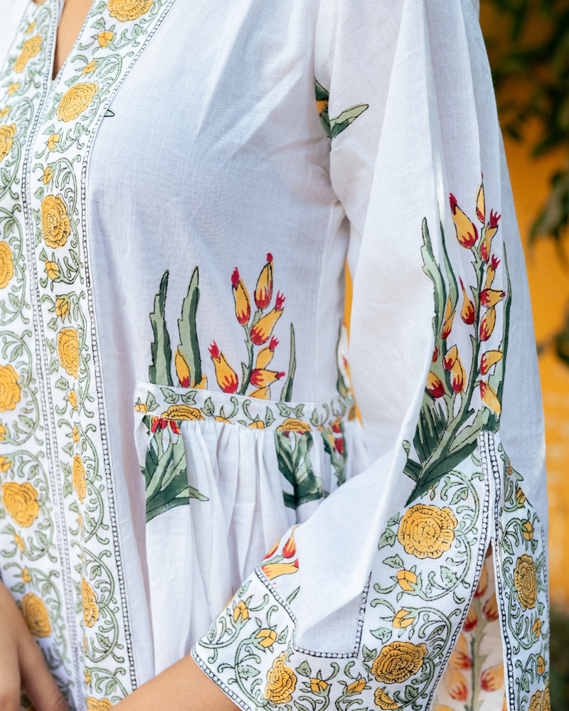 Yellow and Ivory Hand Block Printed Bhopali Kurta Set mul by Maison Shefali in multi color for women Worldwide