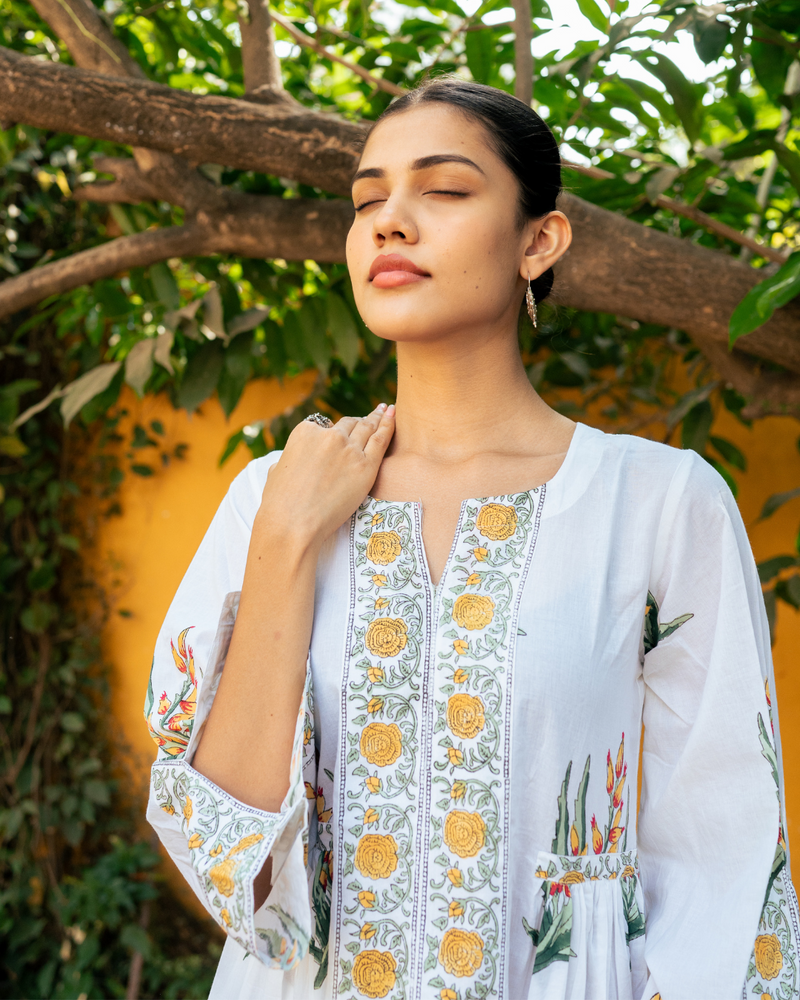 Yellow and Ivory Hand Block Printed Bhopali Kurta Set mul by Maison Shefali in multi color for women Worldwide