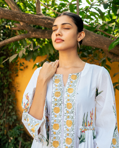 Yellow and Ivory Hand Block Printed Bhopali Kurta Set