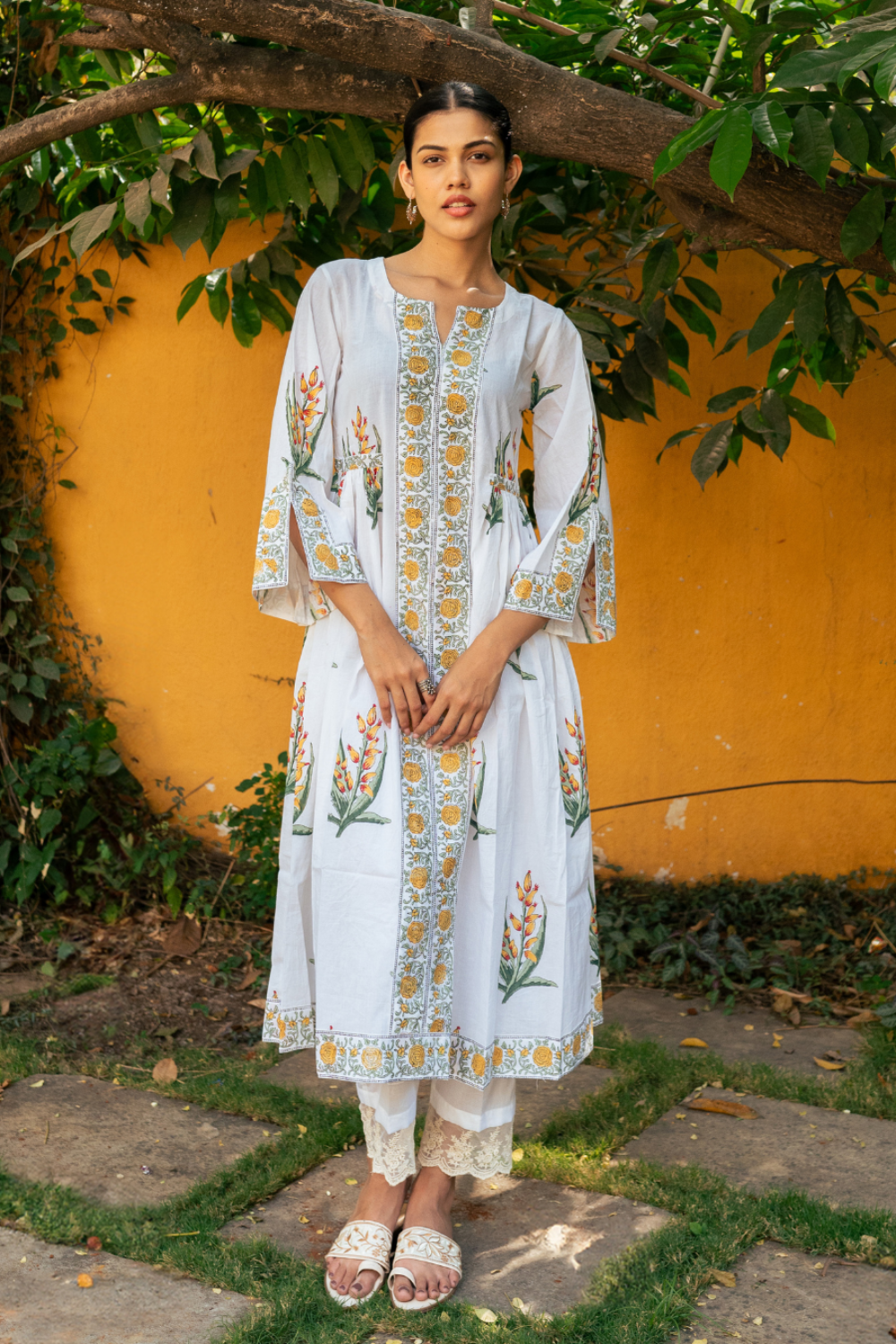 Yellow and Ivory Hand Block Printed Bhopali Kurta Set