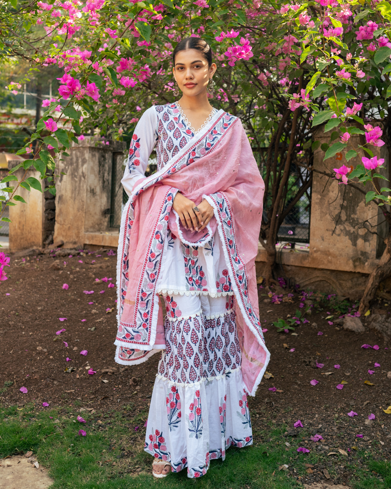 Ivory and Pink Block Printed Sharara Set mul by Maison Shefali in multi color for women Worldwide