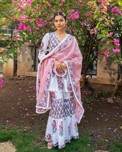 Ivory and Pink Block Printed Sharara Set