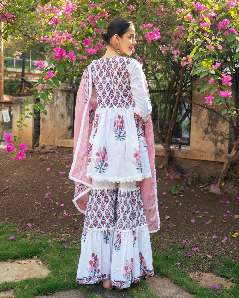 Ivory and Pink Block Printed Sharara Set mul by Maison Shefali in multi color for women Worldwide