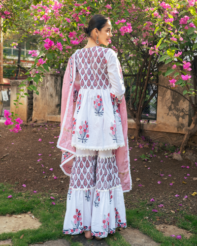 Ivory and Pink Block Printed Sharara Set