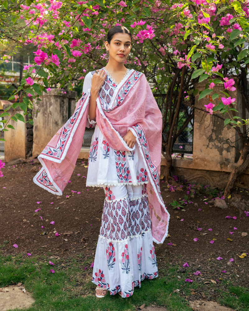 Ivory and Pink Block Printed Sharara Set mul by Maison Shefali in multi color for women Worldwide