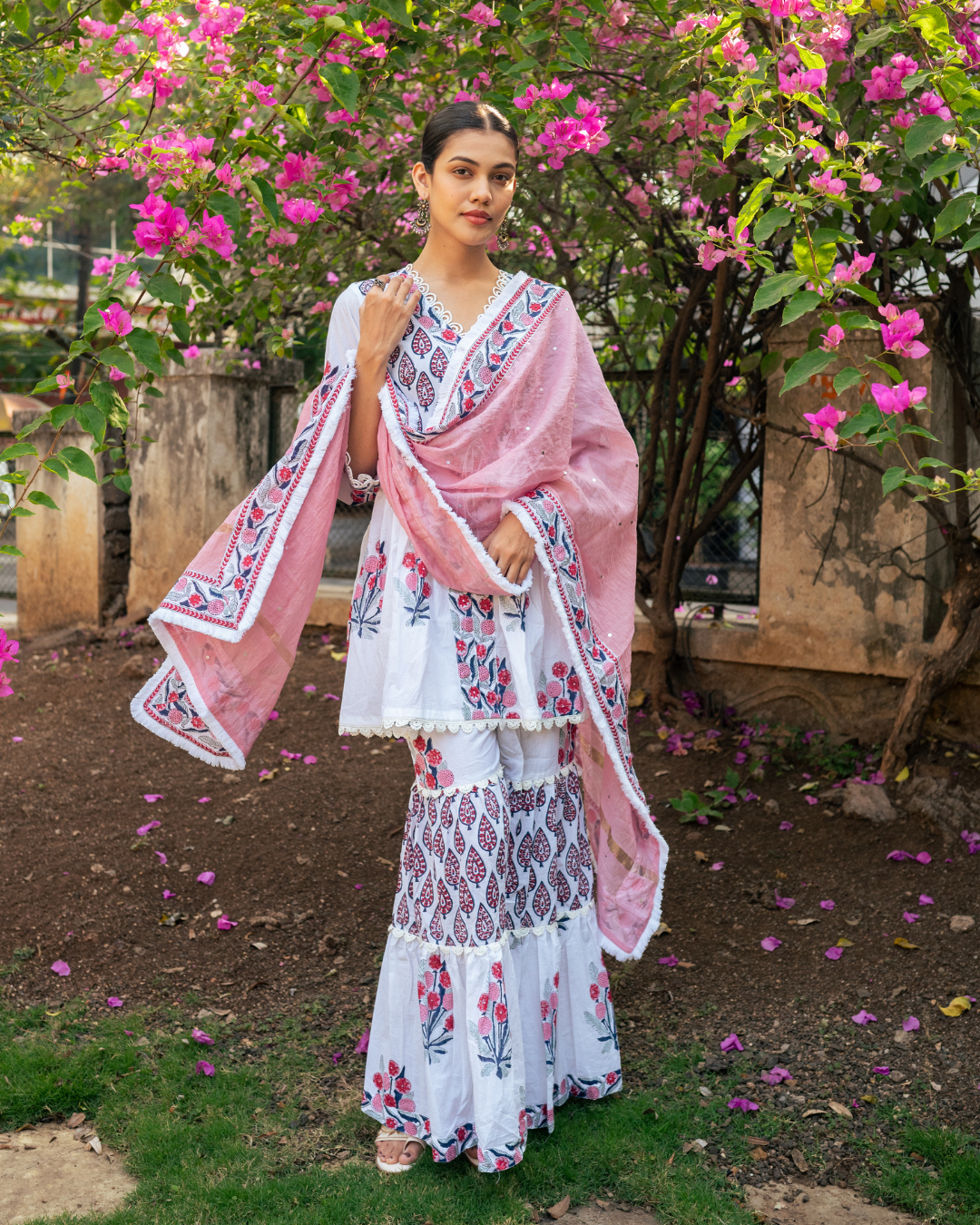 Ivory and Pink Block Printed Sharara Set