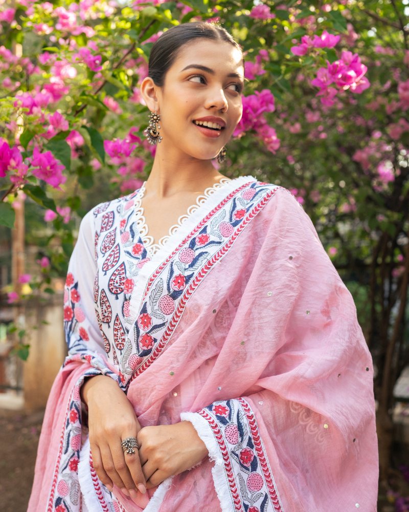 Ivory and Pink Block Printed Sharara Set mul by Maison Shefali in multi color for women Worldwide