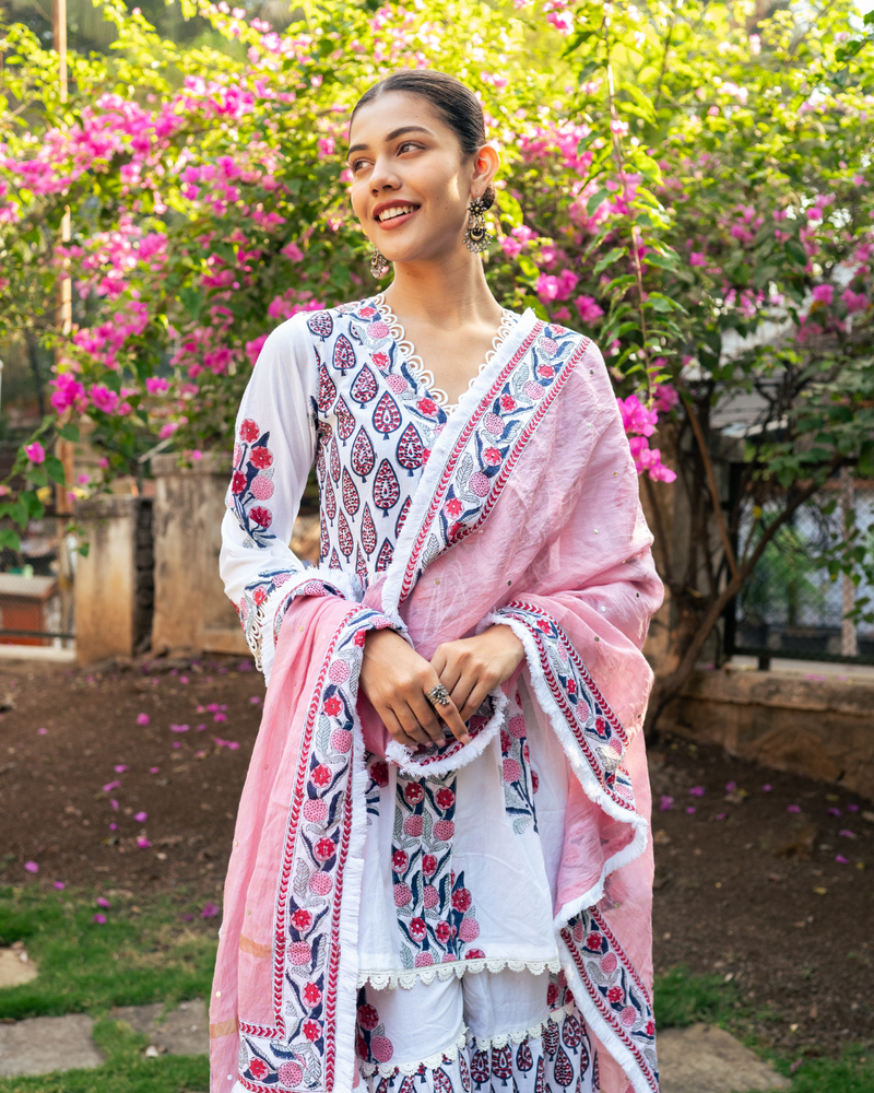 Ivory and Pink Block Printed Sharara Set mul by Maison Shefali in multi color for women Worldwide